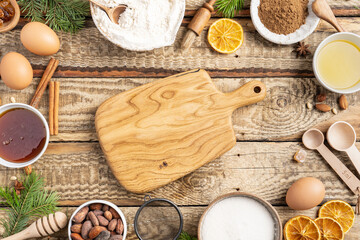 A frame of ingredients for making Christmas cookies. Christmas, holiday