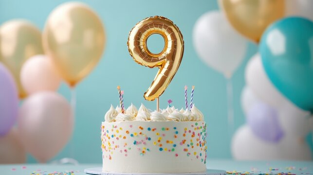 9th Birthday Celebration Cake with Gold Balloon and Colorful Decor
