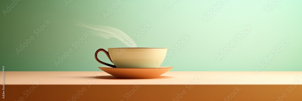 Poster a calming tea cup sits on a saucer, with smooth steam rising, creating a tranquil ambiance in a soft