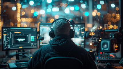 Nighttime Studio: Immersed in his work, a man with headphones on, focuses on multiple computer screens in a dimly lit studio, surrounded by music equipment and glowing lights.  