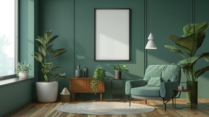 A cozy living room with a green armchair, a large window, and lots of plants. The room is painted in a calming green color.