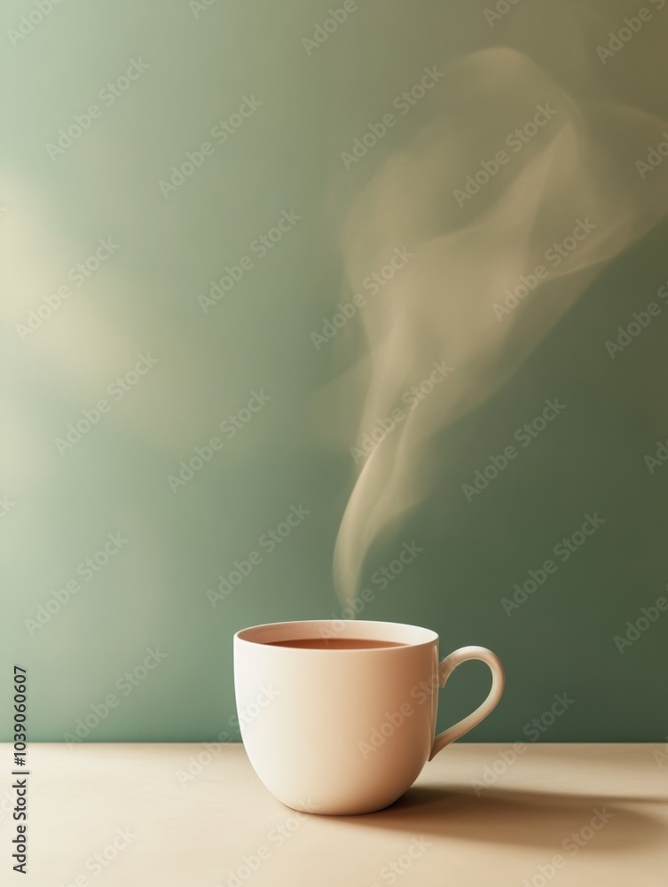 Poster A steaming cup of tea emits gentle curves of steam, creating a tranquil atmosphere in a softly lit room. Generative AI