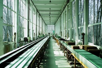 Industrial Factory Corridor with Windows and Conveyor Belts