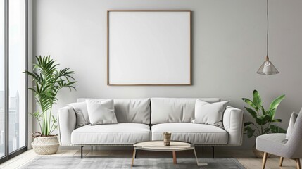 A modern living room with a white sofa, a large frame, and a gray armchair.