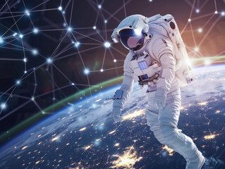 Fototapeta premium Floating astronaut above Earth, digitally linked