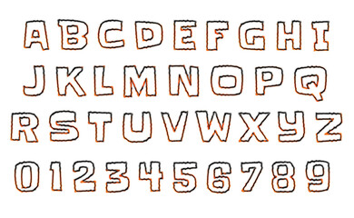 Burning alphabet. Alphabet with burning edges. Numbers on isolated background. Set of letters and numbers.