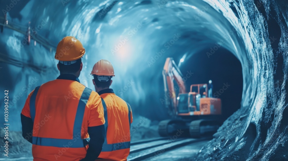 Poster A dynamic image of a tunnel construction site with engineers overseeing the drilling operations underground, Tunnel construction scene, Subterranean and ambitious style