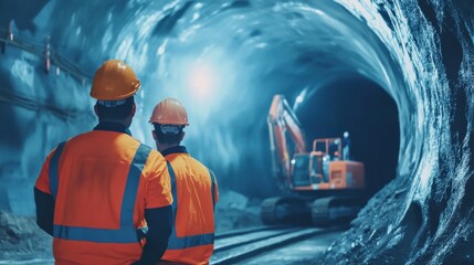 A dynamic image of a tunnel construction site with engineers overseeing the drilling operations underground, Tunnel construction scene, Subterranean and ambitious style