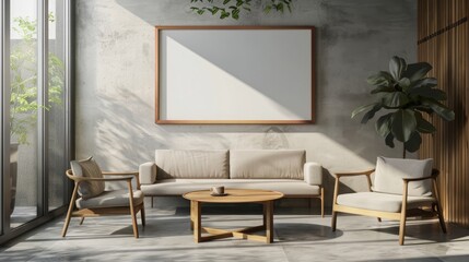 A living room with a large empty frame, two chairs, a sofa, and a coffee table, perfect for adding your own design.