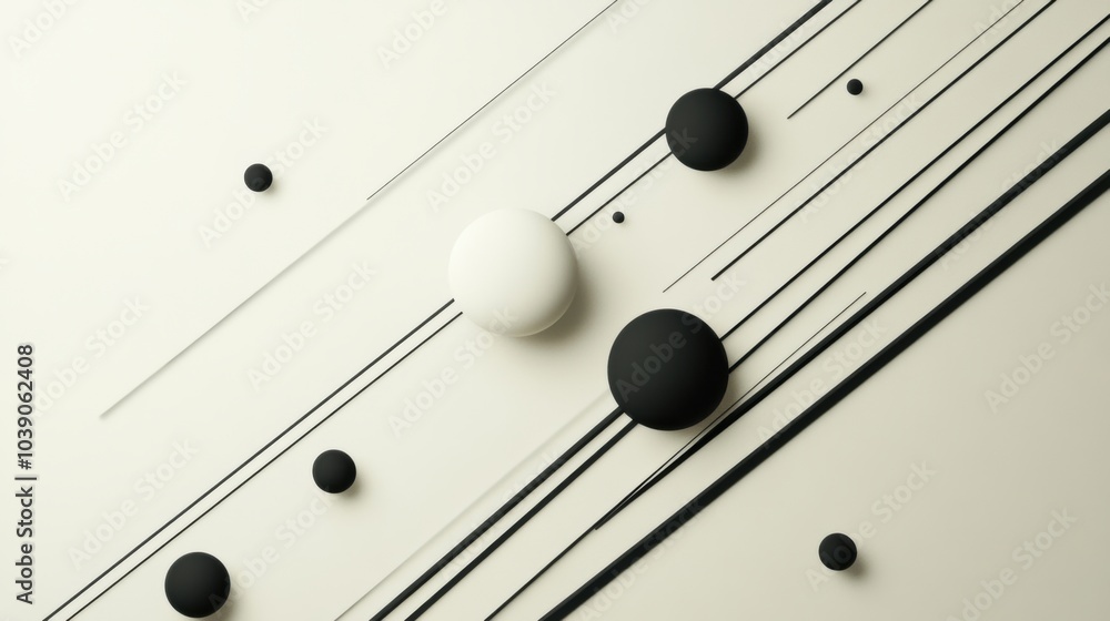 Fototapete Black diagonal lines intersect against a light backdrop, complemented by circles of different sizes, forming a modern and minimalist design. Generative AI