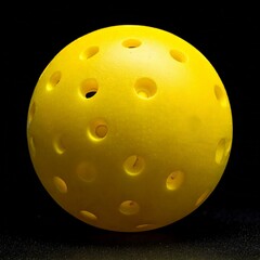 front view of a non-textured yellow plastic pickle-ball, black backgrund