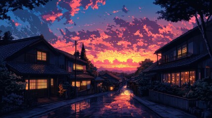 a beautiful japanese tokyo city town in the evening. houses at the street. anime comics artstyle. cozy lofi asian architecture.