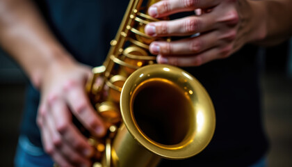 Obraz premium Detailed image of a musician's hands expertly playing a shiny golden saxophone, capturing the essence of jazz music and artistic expression in motion.