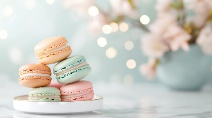 Fototapeta premium A rainbow of colorful macarons rest on a snowy plate beside a blossoming pink vase