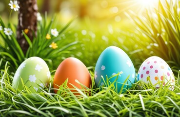 Colorful Easter Eggs Hidden in a Garden with Soft Natural Lighting