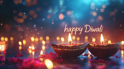 banner with the word " happy Diwali" with a background with lights in candles