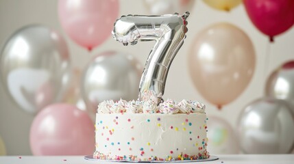 Silver Number 7 Balloon on Birthday Cake with Colorful Party Background