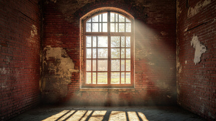 Obraz premium Sunlight shines through window of abandoned red brick wall