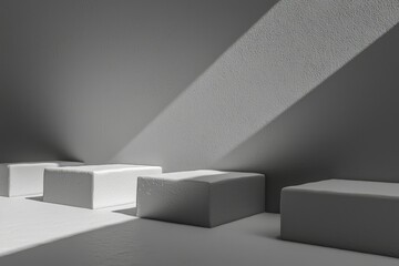 Obraz premium Minimalist White Cubes with Diagonal Sunlight on Textured Wall