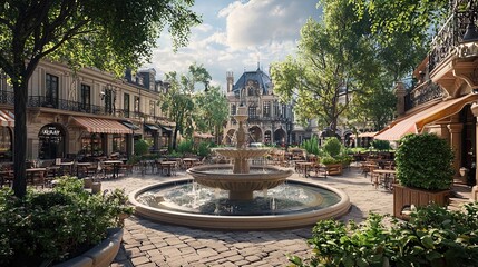 A scenic view of a charming plaza featuring a central fountain surrounded by lush greenery and...