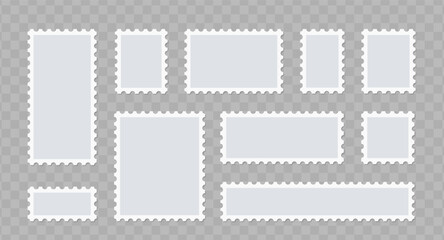 Blank postal stamps frames set. Borders with perforated edges for postcards and letters.