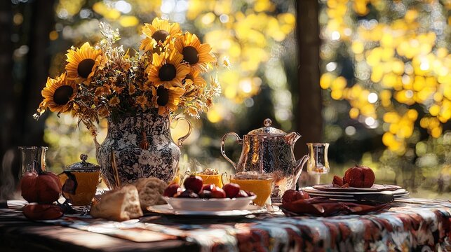 A beautifully set outdoor table, adorned with a vibrant floral arrangement of sunflowers in a decorative vase. The scene is bathed in warm sunlight filtering through lush trees, creating a serene and