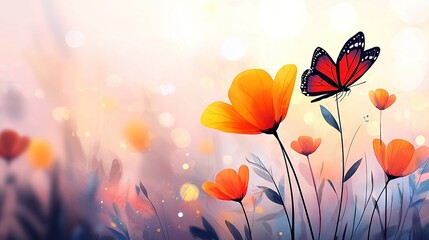   A red butterfly is perched atop a yellow and red blossom, alongside another butterfly