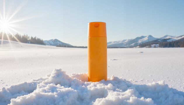 Bright orange sunscreen bottle standing in snow under a sunny sky in a mountain landscape