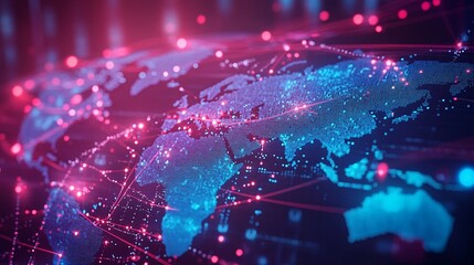 Obraz premium A Digital World Map with Red Lines and Blue Dots