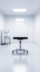 Clean laboratory room with equipment and a stool in minimalist white design.