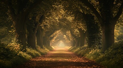 Fototapeta premium A serene, tree-lined pathway stretches through a beautiful forest setting, surrounded by lush foliage. The trees, adorned with vibrant green leaves, create a natural arch that frames the path, invitin