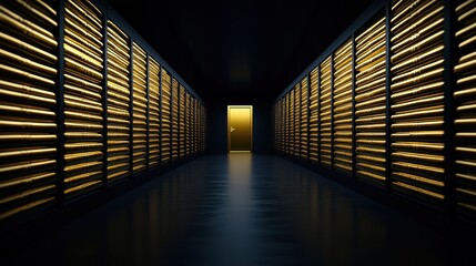 Dimly lit data center aisle with glowing server racks and a distant door.