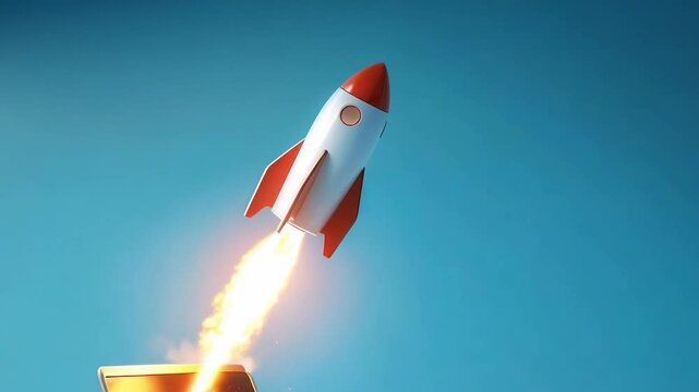 Rocket launch from a laptop screen on blue background, startup success, business growth, strategy target