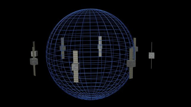 Cubesats orbiting planet. Cubesats, nanosatellites circling around planetary body.  3d animation rendering
