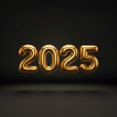 Gold 2025 balloon numbers floating on a dark background. Elegant and modern New Year’s design perfect for luxury event invitations, party promotions, or celebratory decorations.