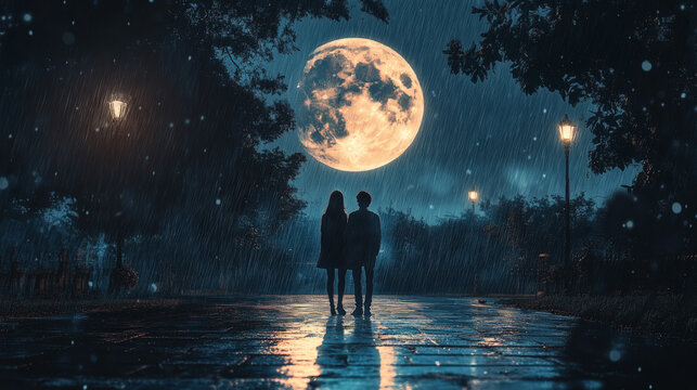 Naklejki couple night love rain moon pasion