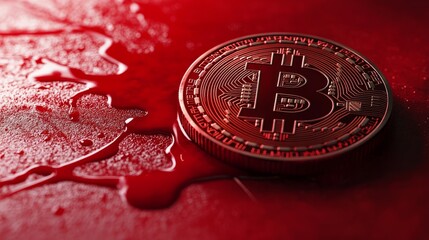 Bitcoin coin in blood on red tlr close up with space for text or inscriptions
