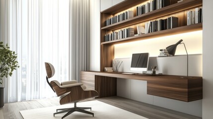 Stylish Modern Home Office Ideas with Wooden Desk and Bookshelves