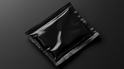 Mockup of black shiny packaging for condom, spices, or other things on a dark background with places for logo, text or inscriptions, slightly overhead
