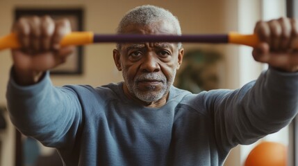 Senior black man exercising at home with a stick, looking at the camera close up
