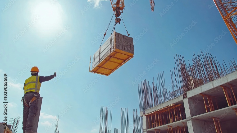 Poster a dynamic shot of a crane operator guiding a heavy load of construction materials onto a building si