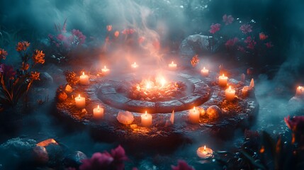 A sacred healing altar in a circular shape, filled with crystals, flowers, and flickering candles, with ethereal mist swirling around in a calm, spiritual ambiance