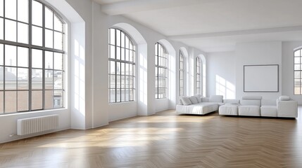 Obraz premium A large, bright room with many tall windows, a white sectional sofa, and light-colored hardwood floors.