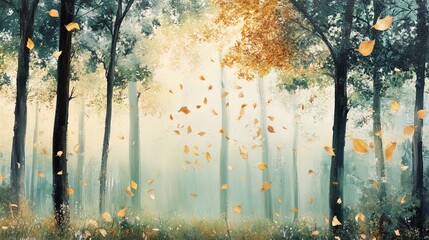 A serene forest scene captures the essence of autumn. Tall trees, with trunks appearing dark and sturdy, stretch upward, while the foliage transforms from vibrant green to shades of gold and orange, s