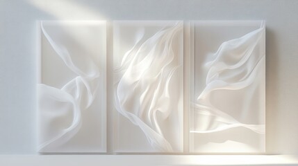 Three white panels, with sculpted, flowing shapes. Light shines on them