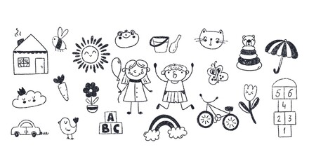 Crayon kindergarten set in doodle style illustration