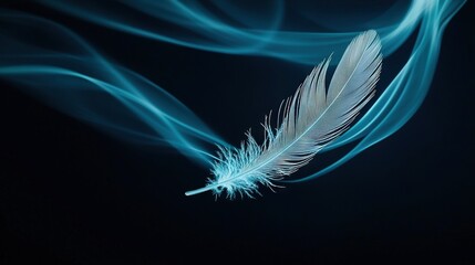   A feather flying in the air alongside a blue-and-white smoke trail against a dark background, featuring a white feather on its left side