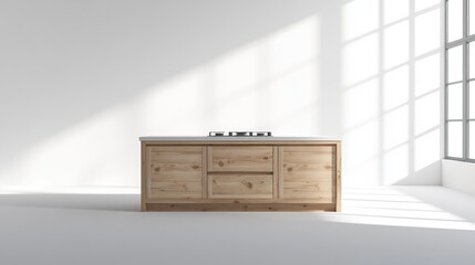 A light-colored wooden kitchen cabinet stands in a white room by a large window