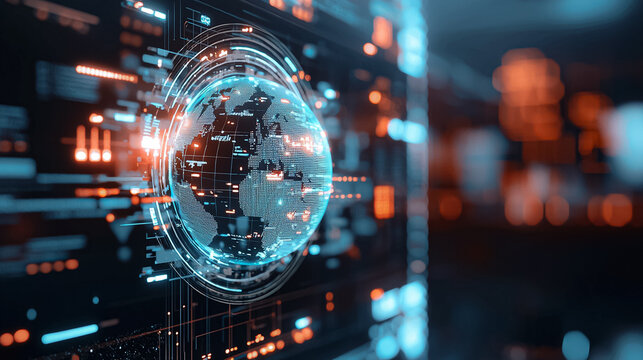 Futuristic digital network background with fiber optics and binary code representing global technology and data communication