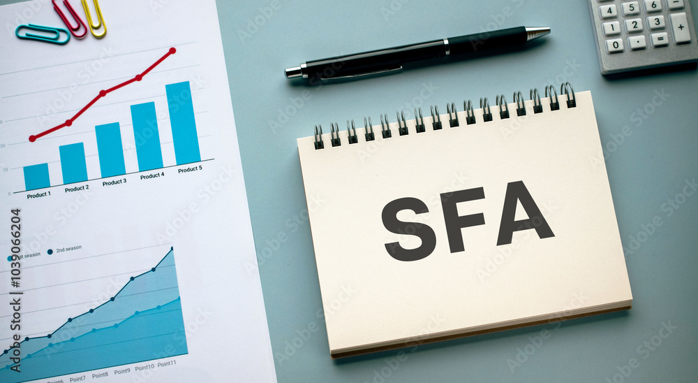 Poster there is notebook with the word sfa. it is an abbreviation for sales force automation as eye-catchin